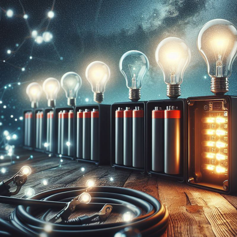Das Bild zeigt die Illustration eines Batteriespeichers, welcher über Kabel klassische Glühbirnen versorgt. Die Illustration wurde von einer künstlichen Intelligenz geschaffen.