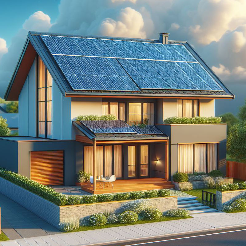 Das Bild zeigt die Illustration eines freistehendes Einfamilienhauses mit zahlreichen Solarzellen auf dem Dach.