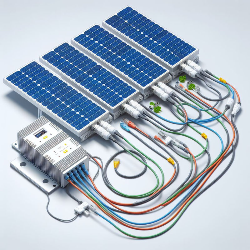 Das Bild zeigt die Illustration von vier Solarmodulen, welche über zahlreiche Kabel untereinander und mit einem Steuergerät verbunden sind.